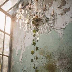 Affiche lustre ancien en cristal avec lierre suspendu dans pièce au mur patiné éclairée par lumière naturelle