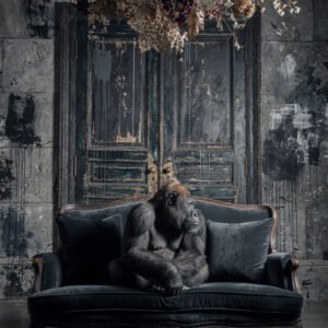 Affiche gorille assis sur canapé vintage devant porte ancienne avec mur texturé et fleurs suspendues