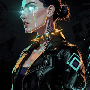 Affiche femme style cyberpunk avec yeux lumineux néon, larme digitale et veste en cuir sur fond sombre