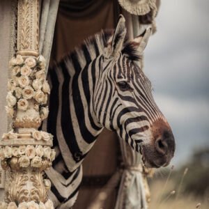 Affiche portrait de zèbre dans kiosque ornemental avec roses et rideaux style baroque élégant