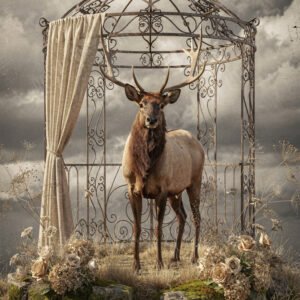 Affiche cerf debout sous kiosque en fer forgé avec fleurs séchées et ciel nuageux ambiance romantique