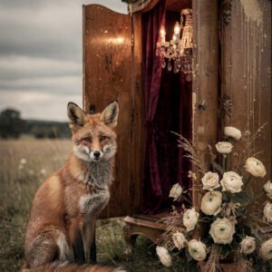 Affiche renard assis près d’un cabinet ancien ouvert avec lustre, fleurs blanches et décor naturel vintage