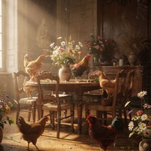 Affiche intérieur rustique lumineux avec table en bois, fleurs et poules dans une ambiance campagne chaleureuse