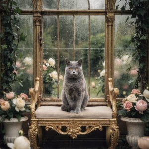 Affiche représentant un chat gris assis sur un fauteuil doré dans une serre avec vitres mouillées et fleurs autour.