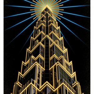 Affiche gratte-ciel art déco doré avec rayons lumineux bleus sur fond noir.