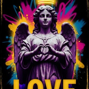 Affiche représentant une statue d’ange avec couronne néon et fond graffiti coloré avec le mot LOVE en bas.
