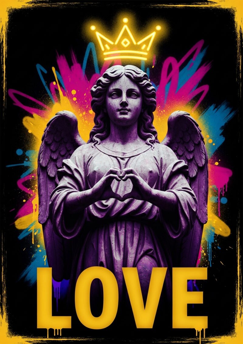 Affiche représentant une statue d’ange avec couronne néon et fond graffiti coloré avec le mot LOVE en bas.