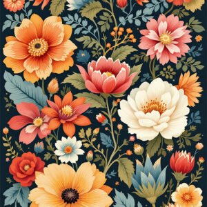 Affiche fleurs illustrées style botanique vintage avec couleurs chaudes sur fond sombre