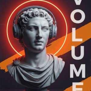 Affiche représentant un buste de statue classique avec casque audio devant un cercle lumineux orange et fond sombre.
