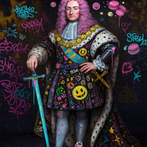 Affiche portrait roi style street art avec graffiti coloré, couronne néon et vêtements décorés de motifs pop