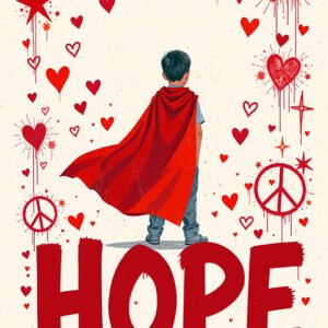 Affiche enfant avec cape rouge style super héros entouré de cœurs rouges et texte HOPE en bas