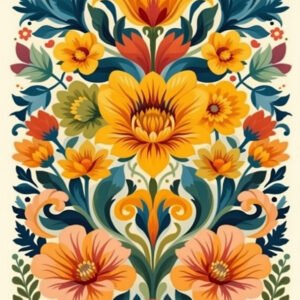 Affiche fleurs symétriques colorées style folk art avec motifs floraux et feuillages décoratifs