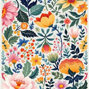 Affiche fleurs colorées style folk art avec motifs floraux variés et feuillages sur fond clair
