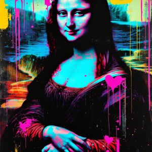 Affiche Mona Lisa style street art avec couleurs néon, graffiti et éclaboussures de peinture multicolore