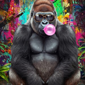 Affiche gorille avec lunettes de soleil soufflant un chewing-gum rose sur fond graffiti coloré style street art