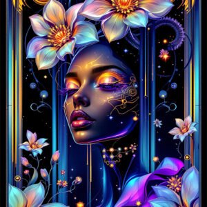 Affiche femme futuriste aux yeux fermés entourée de fleurs lumineuses et motifs néon style art nouveau