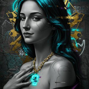 Affiche femme style cyberpunk avec effets glitch, cheveux bleu néon et collier doré sur fond graphique sombre