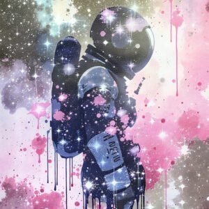 Affiche astronaute en silhouette avec effets galaxie et éclaboussures de peinture rose style aquarelle