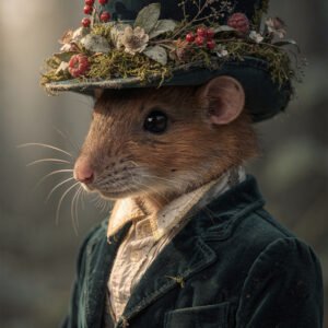 Affiche représentant une souris habillée en costume avec un chapeau décoré de fleurs et de baies sur fond flou.