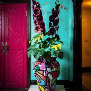 Affiche représentant un vase coloré style street art avec grandes fleurs devant un mur turquoise et une porte rose.