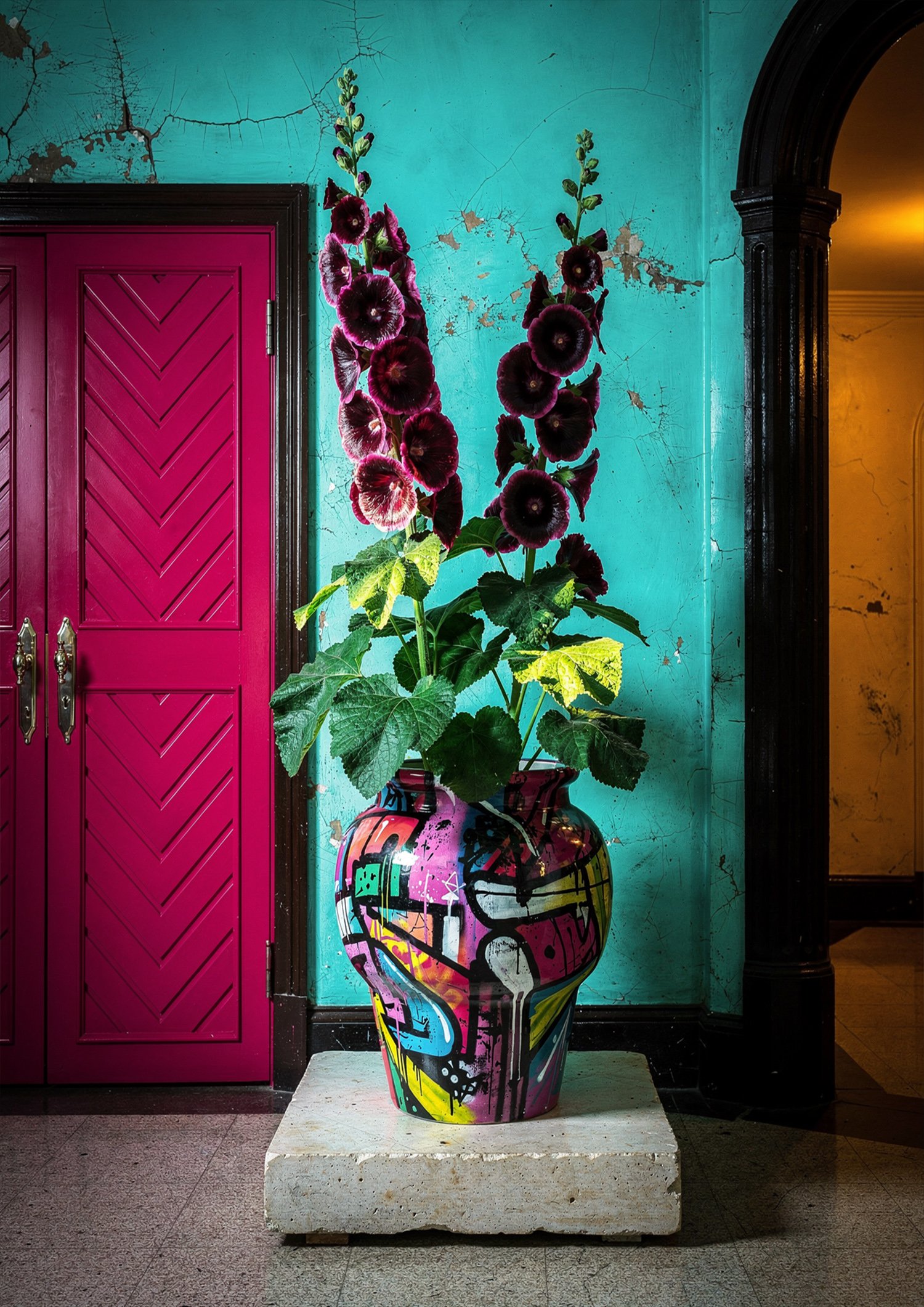 Affiche représentant un vase coloré style street art avec grandes fleurs devant un mur turquoise et une porte rose.