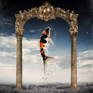Affiche poisson koï surréaliste – Poster arche dorée et ciel onirique