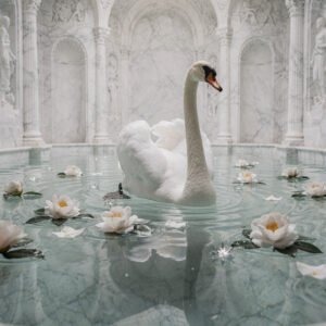 Affiche représentant un cygne blanc nageant dans un bassin entouré de fleurs dans une architecture en marbre sculpté.
