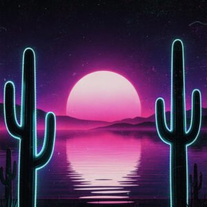 Affiche représentant un désert avec cactus en silhouette et soleil rose se reflétant sur l’eau dans un style néon rétro.