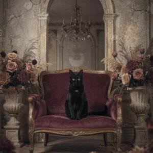 Affiche représentant un chat noir assis sur un fauteuil en velours dans un intérieur ancien avec fleurs et arche décorative.