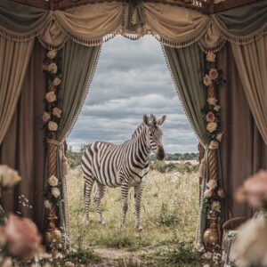 Affiche montrant un zèbre dans un champ vu depuis une tente décorée de rideaux et de fleurs dans un style vintage.