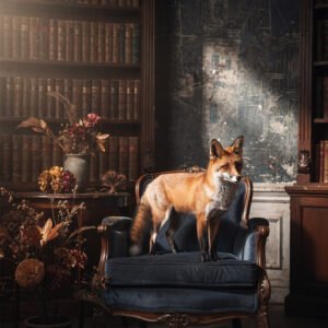 Affiche montrant un renard debout sur un fauteuil ancien dans une bibliothèque avec livres et décoration florale.