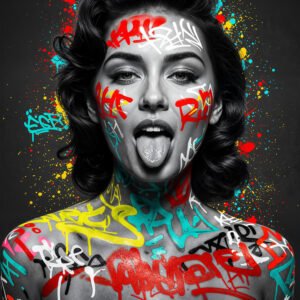 Affiche représentant un portrait de femme en noir et blanc recouvert de graffitis colorés et éclaboussures de peinture.