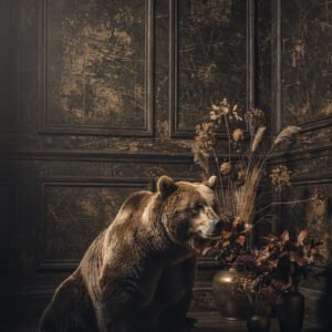 Affiche montrant un ours brun dans une pièce ancienne avec mur patiné et composition florale séchée.