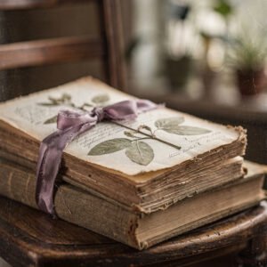 Affiche montrant un livre ancien avec pages d’herbier et fleurs pressées posé sur une chaise en bois.