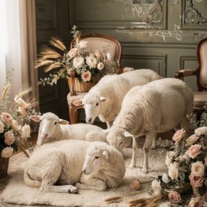 Affiche montrant plusieurs moutons dans une pièce décorée de fleurs pastel et mobilier ancien au style vintage.