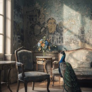 Affiche représentant un paon dans un salon ancien avec fauteuils, table et mur patiné décoré en arrière-plan.