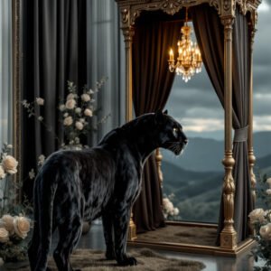 Affiche d’une panthère noire dans un intérieur baroque avec baldaquin doré, rideaux et paysage montagneux en arrière-plan.