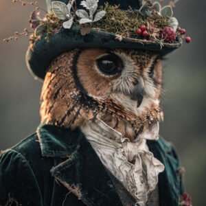 Affiche représentant une chouette portant un costume ancien et un chapeau décoré de végétaux et baies.