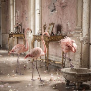 Affiche représentant trois flamants roses dans une pièce ancienne avec murs patinés, mobilier classique et pétales au sol.