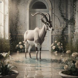Affiche représentant une antilope dans une pièce ancienne avec fleurs, sol mouillé et architecture classique en arrière-plan.