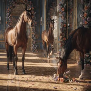 Affiche représentant trois chevaux dans un intérieur décoré de fleurs et de miroirs dorés.