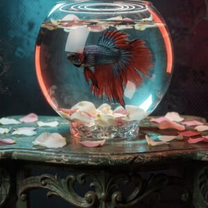 Affiche d’un poisson betta rouge et bleu dans un bocal en verre avec pétales flottants sur une table décorative.