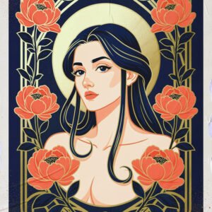 Affiche illustrée d’une femme avec fleurs rouges et cadre décoratif doré sur fond bleu style art nouveau.