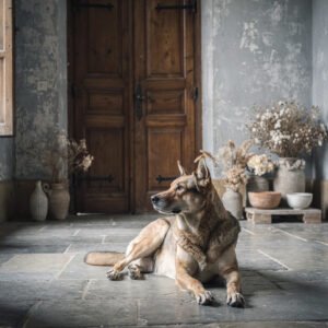 Affiche représentant un chien allongé sur un sol en pierre dans une pièce ancienne avec porte en bois et décoration naturelle.