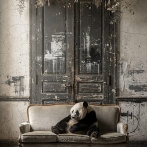 Affiche représentant un panda assis sur un canapé ancien devant une porte en bois usée avec fleurs séchées au-dessus.