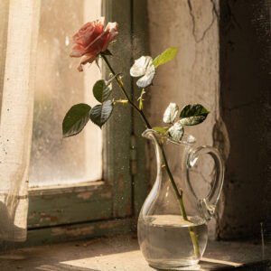 Affiche représentant une rose dans un vase en verre sur un rebord de fenêtre ancien éclairé par une lumière douce.