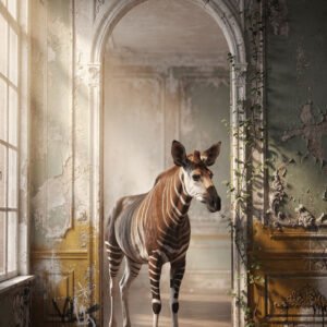 Affiche représentant un okapi debout sous une arche dans un intérieur ancien avec murs patinés et lumière naturelle.