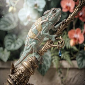 Affiche représentant un caméléon posé sur une structure dorée avec des orchidées en arrière-plan dans un décor floral.
