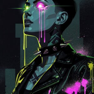 Illustration d’une femme style cyberpunk avec yeux lumineux rose et vert, peinture néon qui coule et veste en cuir noir.