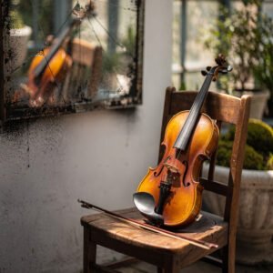 Violon en bois posé sur une chaise ancienne avec archet, près d’un miroir vieilli dans une pièce lumineuse.